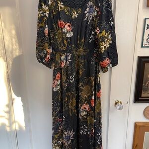 Cost Plus World Market Black Floral Maxi Dress with Coral & Cream Accents